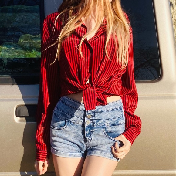 Liz Baker Black and Red Stripe Shirt Blouse - Picture 1 of 8